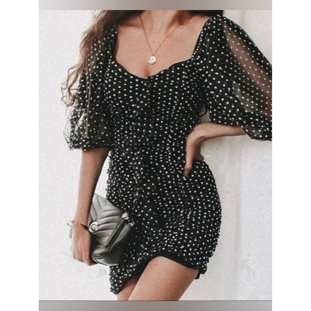 Zara XS Black Polka Dot Puff-Sleeve Mini Dress